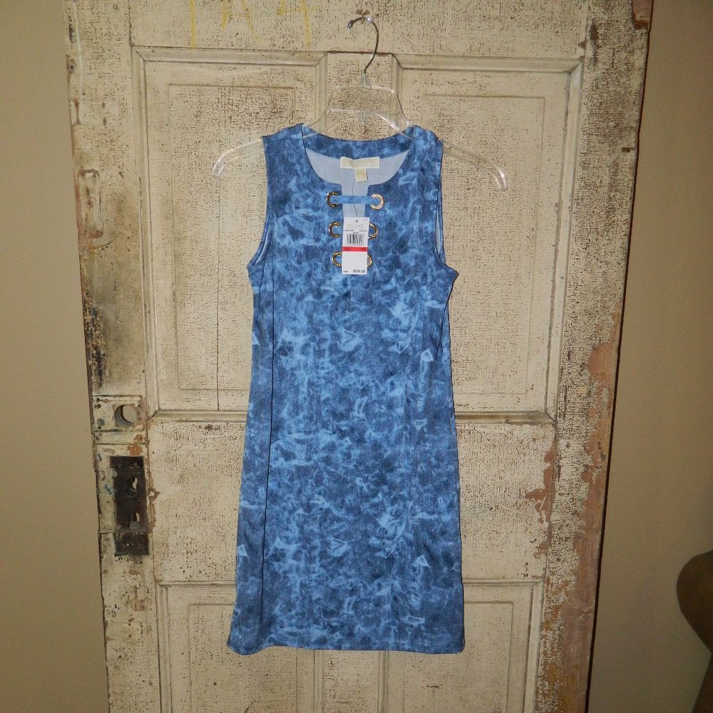 Michael Kors True Navy Midi Dress Gold Grommets Sleeveless Size XS  (D15)
